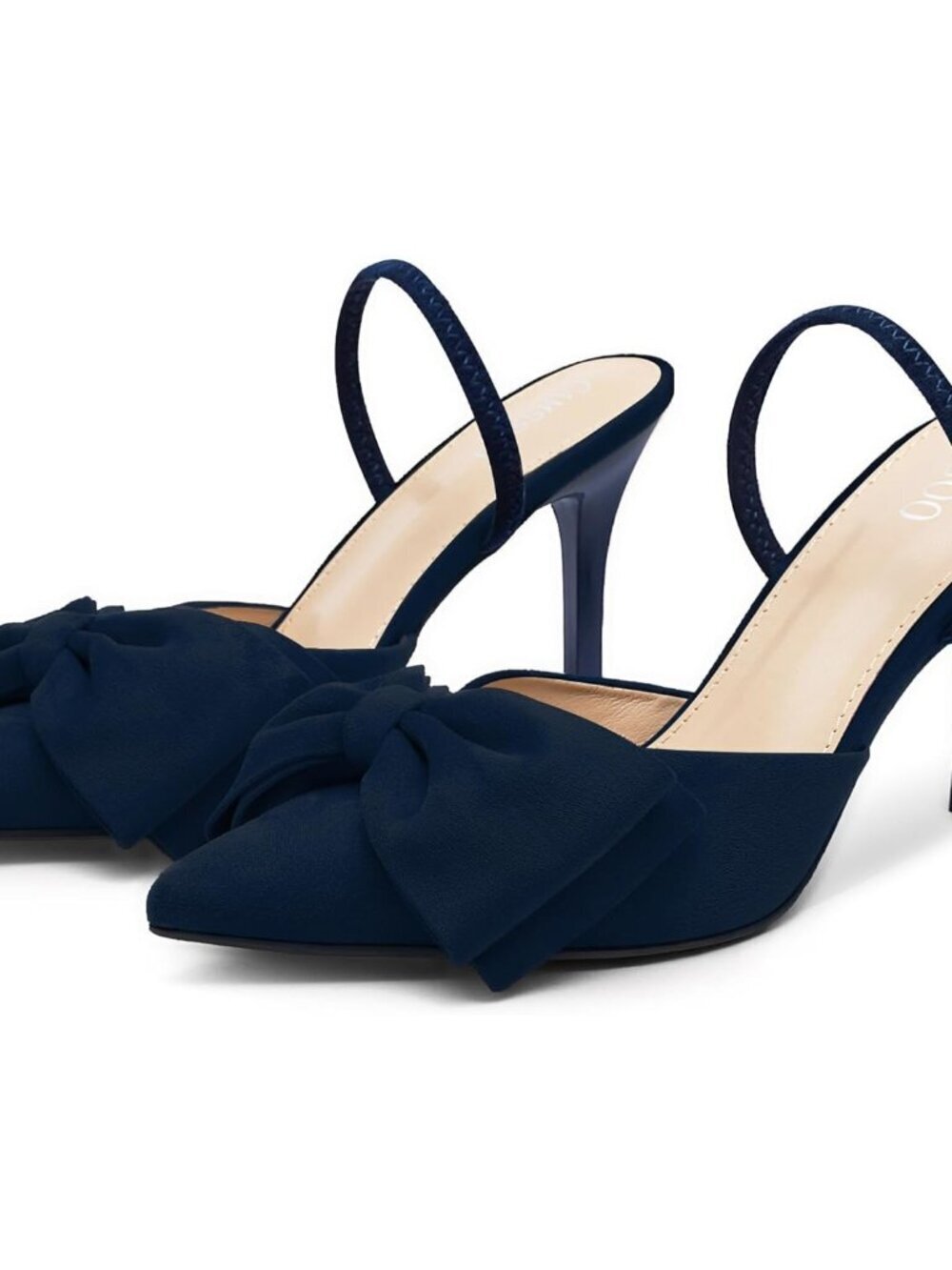 Women's Navy Suede Bow Heels Slingback Pumps Suede Closed Pointed Toe Shoes